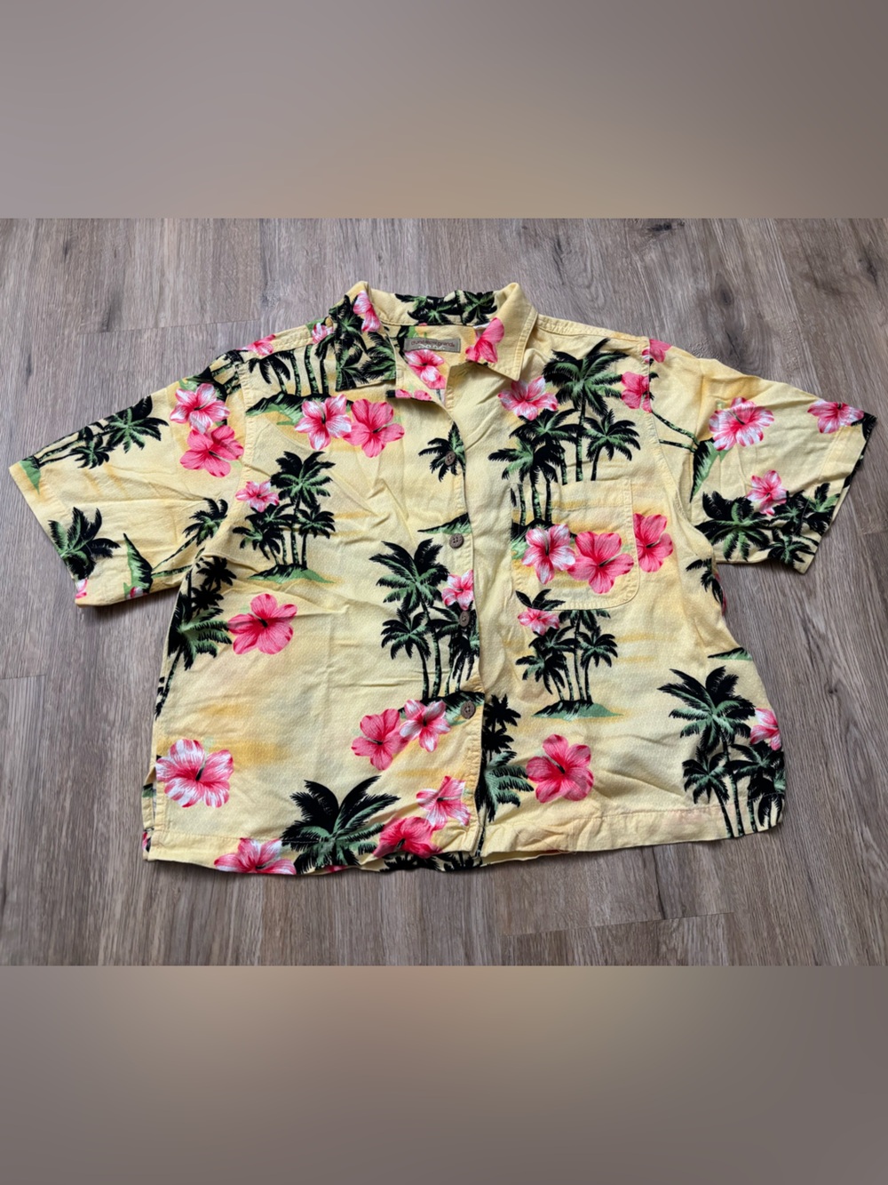 Bungalow Brand Yellow Hawaiian Floral Shirt with Pink Hibiscus